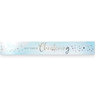 Image of Anniversary House On Your Christening Foil BannerBlue Silver Party Decorations 9ft Banner for Boys J097