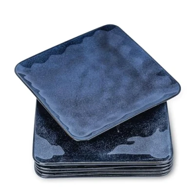Image of vicrays Ceramic Square Plates Set of 6 Large Porcelain 10 inch Dinner for Steak Pasta Pizza Microwave Oven and Dishwasher Safe Blue