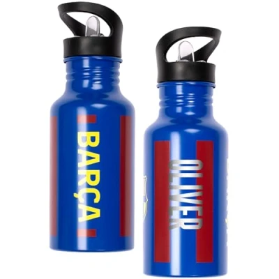 Image of Barcelona FC Personalised Metal Water Bottle 500ml Engraved Name School &amp; Training Gift for Boys Football Fans