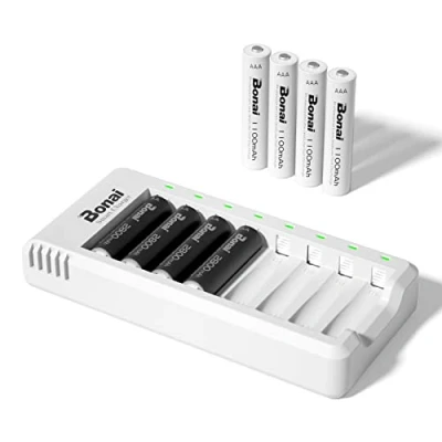 Image of BONAI Universal Battery Charger 8 Slots, with 4 AA 2800mAh Rechargeable Batteries and AAA 1100mAh Ni MH Batteries, USB Slots Quick Charge