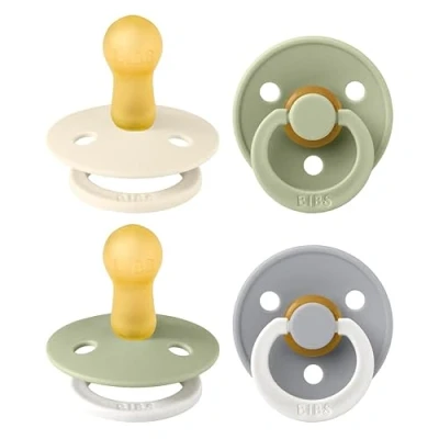 Image of BIBS Colour Soother 4 Pack, BPA Free Dummy Pacifier, Round Nipple. Natural Rubber Latex, Made in Denmark. 6 18 Months (Pack of 4), Sage Glow Mix