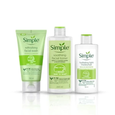 Image of Simple Kind to Skin Facial Care Combo: Refreshing Wash 150ml, Soothing Toner 200ml, Hydrating Light Moisturiser 125ml Gentle &amp; Nourishing Daily Skincare Set