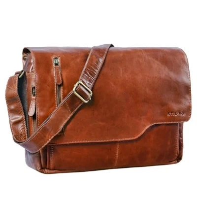 Image of STILORD &#039;Marlon&#039; Leather Bag Men Business University Vintage Shoulder Crossbody Messenger Laptop 15.6 inches in Genuine Leather, Colour:Shiny Cognac Brown