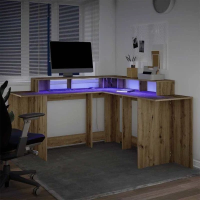 Image of vidaXL Desk with LED Lights Artisian Oak 152x152x91 cm Engineered Wood