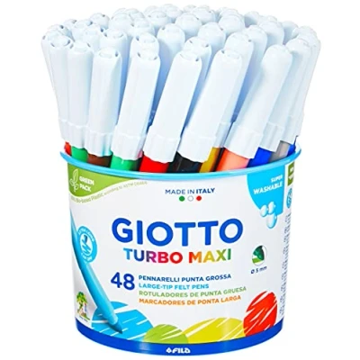 Image of GIOTTO Turbo Maxi Super Washable Felt Tip Fibre Pens, 48 Large Nib 5mm, Assorted Colours, Ideal for Children, Parties and Schools