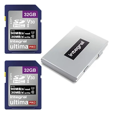 Image of Integral 32GB 2 Pack SD Card with a 6 Slot Protective Metal Case 4K Ultra HD Video Premium High Speed Up to 90MB/s Read SDHC V30 UHS I U3 Class 10 Memory Twin