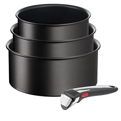 Image of Tefal Ingenio Unlimited ON 4 piece Non Stick Induction Saucepan Set, 16&amp;18&amp;20 cm Saucepans, 1 Bakelite Removable Handle, Easy Cleaning, Heat Indicator, Black, L3959443