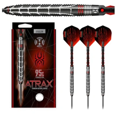 Image of Harrows Atrax 95% Tungsten Steel Tip Darts Set 21g, 22g, 23g, 24g &amp; 25g Includes Red Carbon ST midi shafts new 100 micron flights