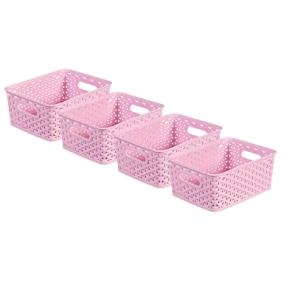 Image of Curver My Style Rattan Effect Set of 4 Kitchen, Living room, Bathroom, Bedroom, Utility Small Rectangular Storage Baskets Litres Pink
