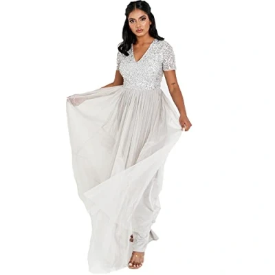 Image of Maya Deluxe Women&#039;s Ladies Dress for Wedding Guest Plus Size Empire High Waist Sequins Short Sleeve Evening Bridesmaid, Soft Grey, 18