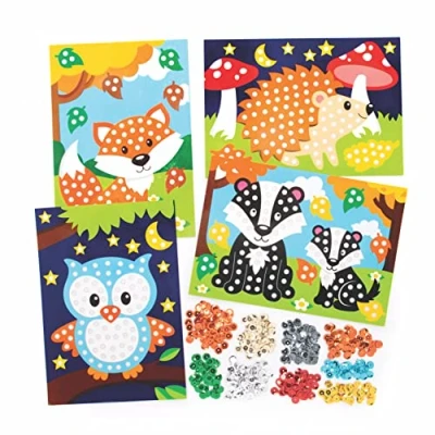 Image of Baker Ross FE681 Woodland Animal Sequin Picture Kits Pack of 4, Make Your Own Childrens Art Set, Creative Autumn Activities for Kids, Decorate Arts and Crafts Project