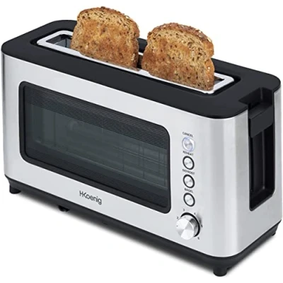 Image of H.Koenig VIEW7 Toaster with 2 Slices Wide Slots, Transparent Glass Vintage Stainless Steel, 6 Burnishing Levels, Defrosting, Bread Pastries, Auto Centring, Easy Cleaning