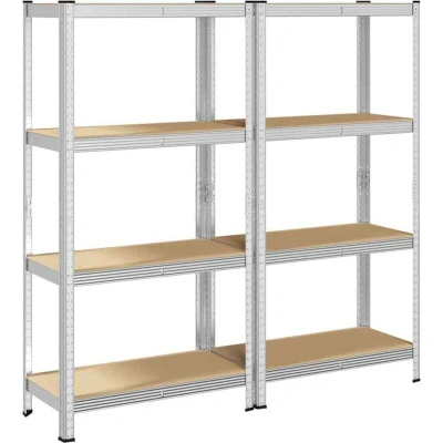 Image of vidaXL 4 layer steel and engineered wood storage shelves 160cm height adjustable, industrial style for home, office, or garage 2 piece silver racks 80kg per shelf