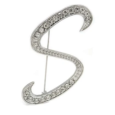 Image of &#039;S&#039; Rhodium Plated Clear Crystal Letter S Alphabet Initial Brooch Personalised Jewellery Gift 45mm Tall