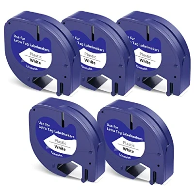 Image of Meritom 5X Compatible Dymo LetraTag Refills for Tape White Plastic 12mm x 4m 91201 S0721610, Black on Labels Work Label Maker LT 100H 100T 110T XR 200B 2000