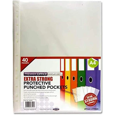 Image of Premier Stationery 2 x A4 Extra Strong Punched Pockets. 80 Micron. Glass Clear. Pack of 40, Crystal Clear/Transparent