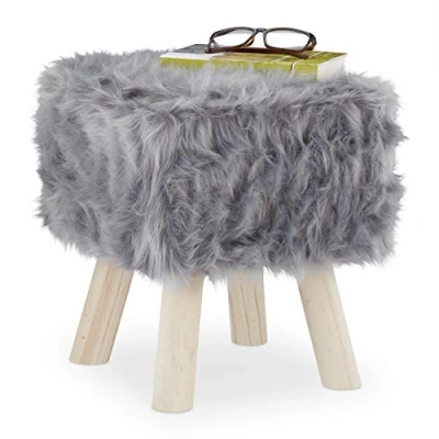 Image of Relaxdays Stool Faux Fur, Decorative Wooden Legs, Side Chair, Seat for Dressing Table, Footrest, HWD: 37x32x32 cm, Grey