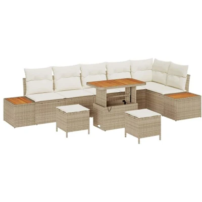 Image of vidaXL 9 Piece Garden Sofa Set with Cushions Beige Poly Rattan Acacia