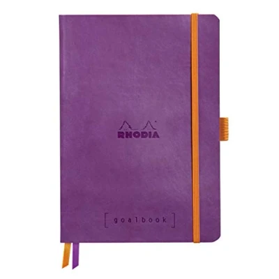 Image of RHODIA 117579C Soft Notebook Bullet Journal Goalbook Purple A5 Dotted Dot 240 pages Clairefontaine White Paper 90g 2 Ribbons, Elastic Closure Faux Leather Cover