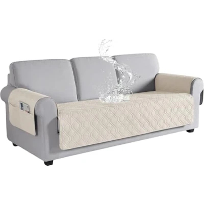 Image of FASCINATDECO Waterproof Sofa Cover 3 Seater with Side Pockets, Non Slip Covers, Slipcovers, Pet Couch Settee Washable Protectors from Pets Kids Dogs (Ivory,3 Seater)