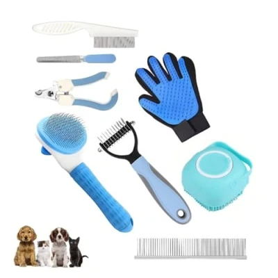 Image of 8 in 1 Dogs &amp; Cats Grooming Kit, Self Cleaning Slicker Brush, Shedding Brush for Short Long Haired Pets. Includes Comb, Flea Bath Scrub, Undercoat Rake, Nail Clippers