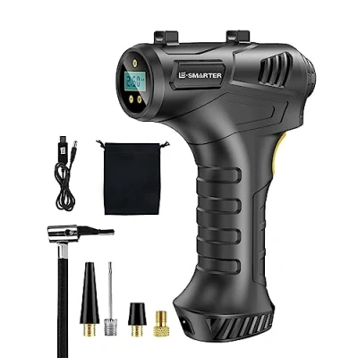 Image of E SMARTER Cordless Tyre Inflator Air Compressor, 4000mAh Car 12V/ 120W/ 150 PSI/ 10.5Bar, Handheld Electric Digital Tire Pump w/ 4 Nozzle Adaptors, Heat Dissipation Car, Bicycle, Black