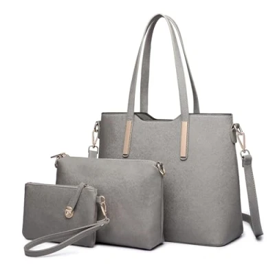 Image of Miss Lulu Handbag Ladies Shopper Shoulder Bag Large Handle Tote for Office School Shopping Travel Elegant PU Leather 3 Piece Set (Dark Grey)
