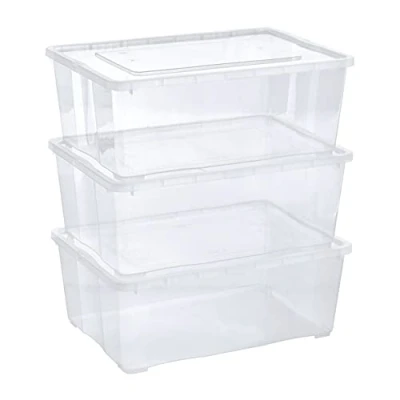 Image of Grizzly 3 x Storage Boxes with Lids 10 Litre 14.8x10.4x5.7 inch (37.5x26.5x14.5 cm) Stackable Clear Containers Transparent Organiser