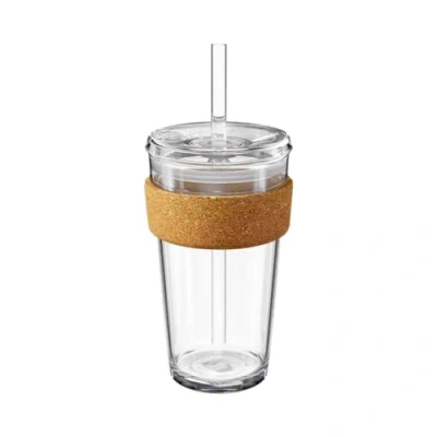 Image of KeepCup Cold Cup Ace Reusable Coffee Brew Cork Tempered Glass Ice Tumbler with Tennis Ball Band, Lid and Straw 16oz (454ml)