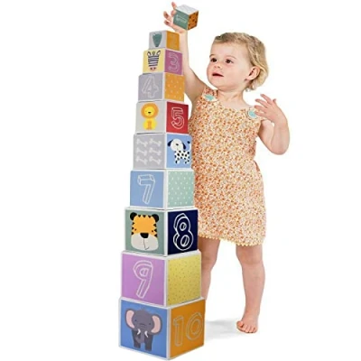 Image of The Magic Toy Shop Kids Baby Nesting &amp; Stacking Colourful Blocks Set with Numbers, Animals, Shapes Colors, Stack up to 87 cm / 34 inches