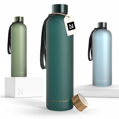 Image of LARS NYSØM Water Bottle 34oz Drinking 1 Liter Ultralight Tritan Sports Flask leak proof Ideal for sports, office, yoga 2 lids included (Green Gold, 1000ml)