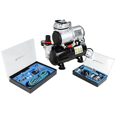 Image of Timbertech Airbrush Kit with Compressor ABPST06 Powerful 1/6 HP Tank and 2 Gun Kits for Painting Makeup Nail Tattoo studios Hobby so on