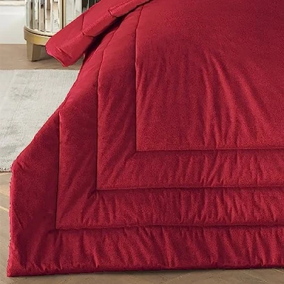 Image of Laurence Llewelyn Bowen Claret Red Velvet Bedspread L220cm x W150cm Box Frame Stitch Luxury Quilted in Super Soft Throw Blanket Quilt Bedding