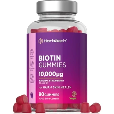 Image of Biotin Gummies 10,000mcg 90 Vegan Vitamins for Hair Growth &amp; Skin Health Natural Strawberry Flavour No Artificial Flavours or Sweeteners by Horbaach