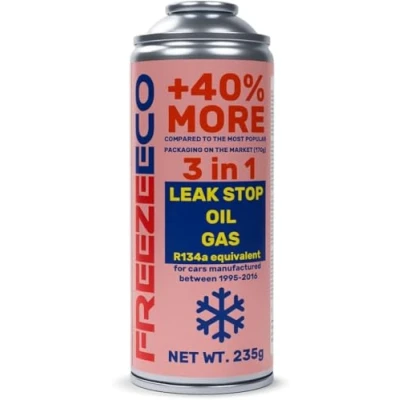 Image of FREEZEECO 4 in 1 car air conditioning solution: Refrigerant, oil, sealant for aluminum and rubber parts 235g High compatibility Easy to use
