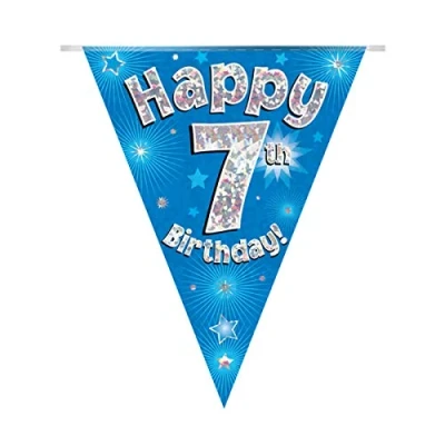 Image of Party Bunting Happy 7th Birthday Blue Holographic 11 flags 3.9m