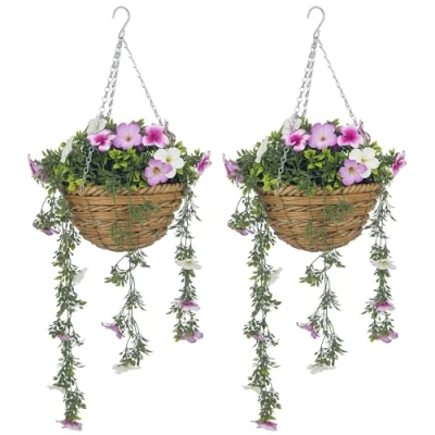 Image of HOMCOM Set of 2 Decorative Artificial Plants, Faux Silk Azalea Flowers in Hanging Baskets, Fake Plants for Home Indoor Outdoor Decor, Pink and White
