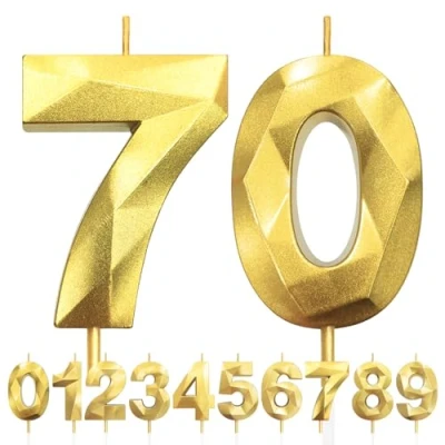 Image of 70th Birthday Candles, Number 70 Candle, Gold Candles for Cake, Diamond 3D Happy Cake Candle Decorations Party Wedding Anniversary Celebration Supplies