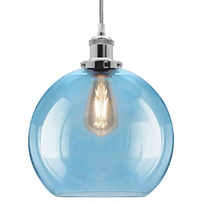 Image of Blue Pendant Light Glass Globe Shade Smoked Retro Chrome Ceiling Lamp Holder M0 236
