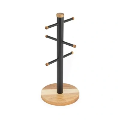 Image of Salter Toronto Mug Tree &amp; Kitchen Roll Holder Acacia Wood Countertop Stand, 6 Brand Display for Coffee Mugs, Freestanding, Storage, Worktop Organiser, Black