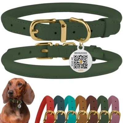 Image of BRONZEDOG Rolled Leather Dog Collar with QR ID Tag Adjustable Soft Round Collars for Small Medium Large Dogs Puppy Cat (Emerald Green, 35 41 cm)