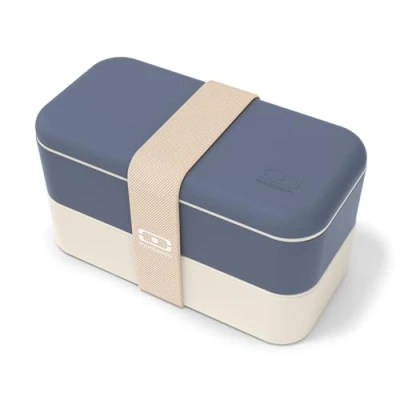 Image of monbento Bento Box MB Original Natural with Compartments Made in France 2 Tier Leakproof Lunch for Work/School Packing and Meal Prep BPA Free Food Grade Safe Containers Blue