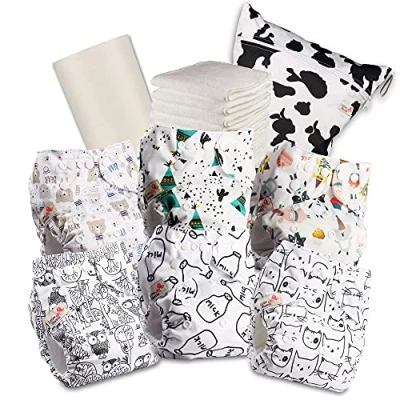 Image of Littles and Bloomz Baby Reusable Pocket Nappy Cloth Diaper, Standard Popper, 6 Nappies + Inserts, 1 Disposable Bamboo Liner, Wet Bag, 603PM6