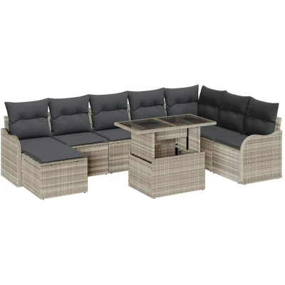 Image of vidaXL 9 Piece Garden Sofa Set with Cushions Light Grey Poly Rattan