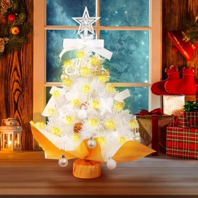 Image of Mini Christmas Trees with Lights (White)