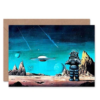Image of Wee Blue Coo ROBBY ROBOT FORBIDDEN PLANET SPACE STARS SCI FI BLANK GREETINGS CARD