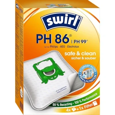 Image of Swirl PH86/PH96 Vacuum Cleaner Bags, For Electrolux, Zanussi, Phillips Cleaners and more, Pack of 4 Bags + 1 Anti Allergen Filter