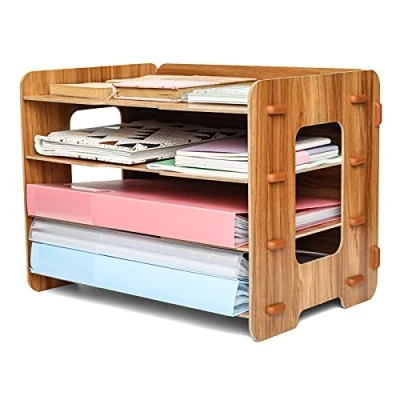 Image of EXERZ Letter Trays 4 Tiers Wooden Office File Organiser, Document Desk Organiser A4