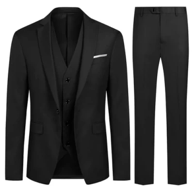Image of Allthemen 3 Piece Slim Fit Suit Wedding Dress Casual One Button Lounge Suit, Black, M
