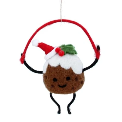 Image of Gisela Graham Mixed Wool Christmas Pudding Man with Skipping Rope Tree Hanging Decoration
